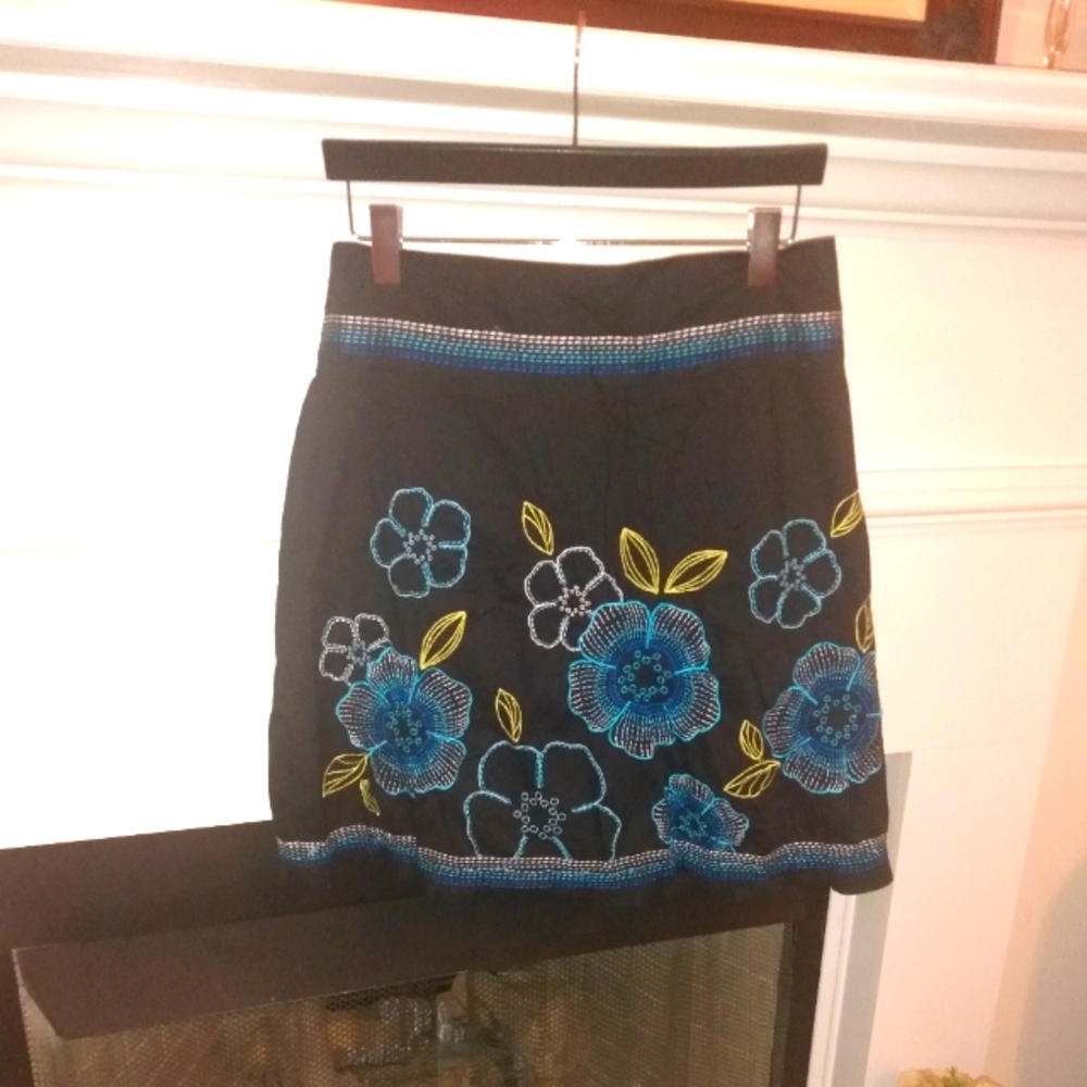 Soulmates black teal green floral embroidered A-Line skirt Size 9